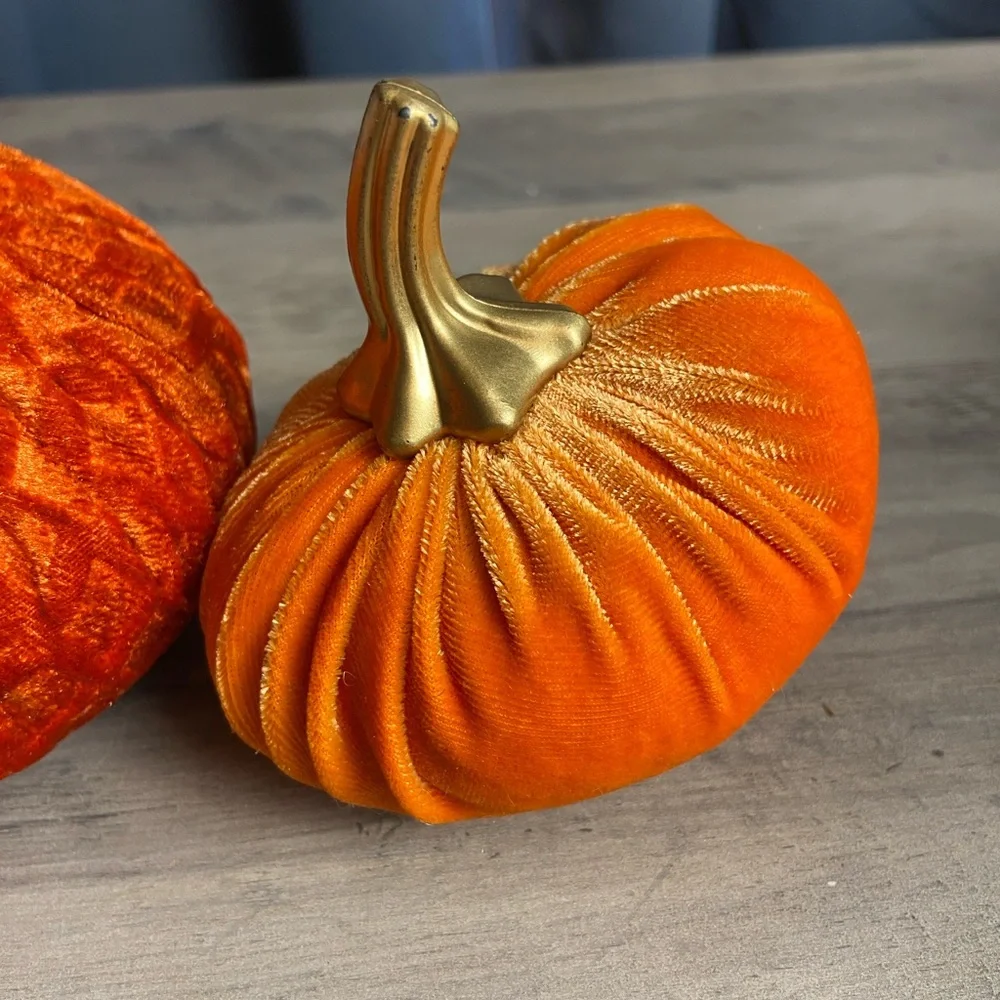 2 Orange Crushed Velvet‎ Stuffed Pumpkins- Fabric Stuffed Pumpkins Fall Decor
